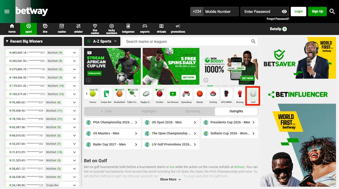 Betway Golf Betting Screenshot